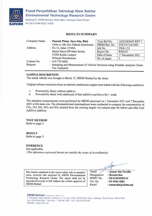 SIRIM Malaysia results report