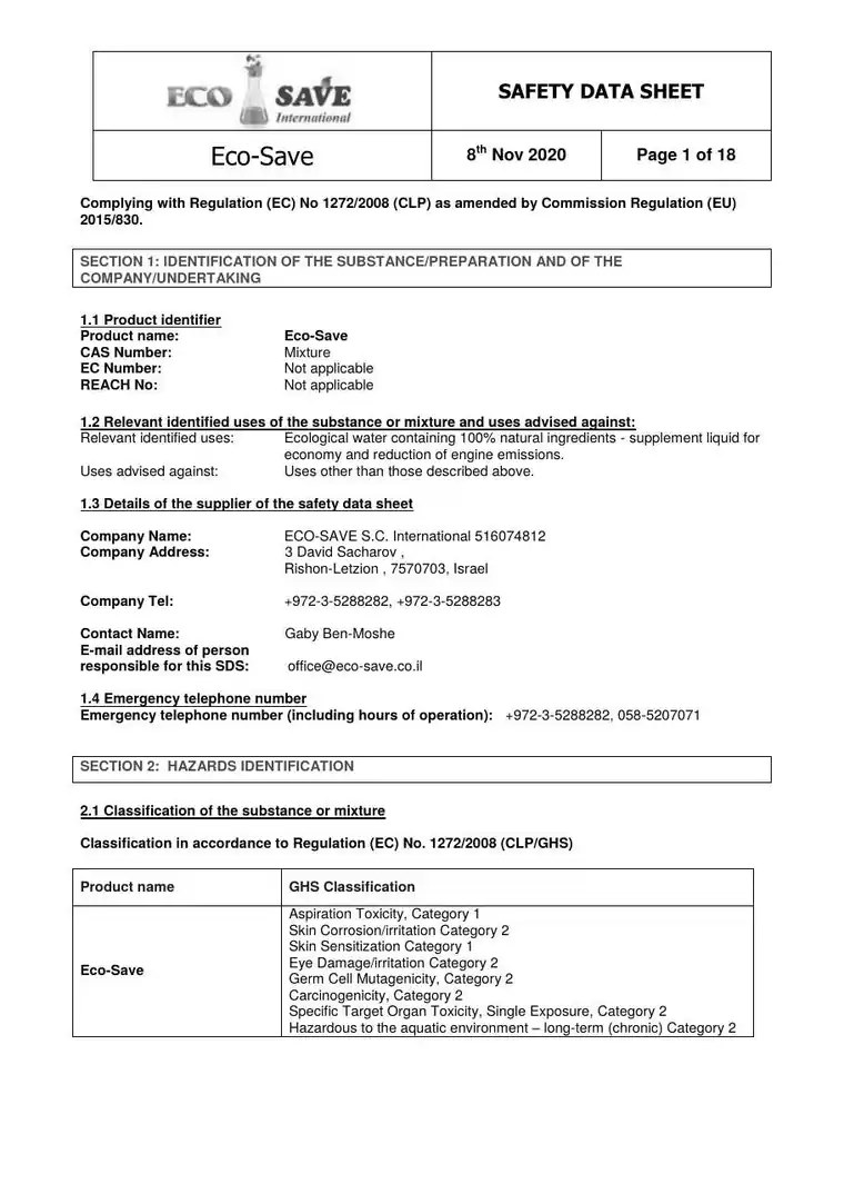 Eco-Save safety data sheet, first page