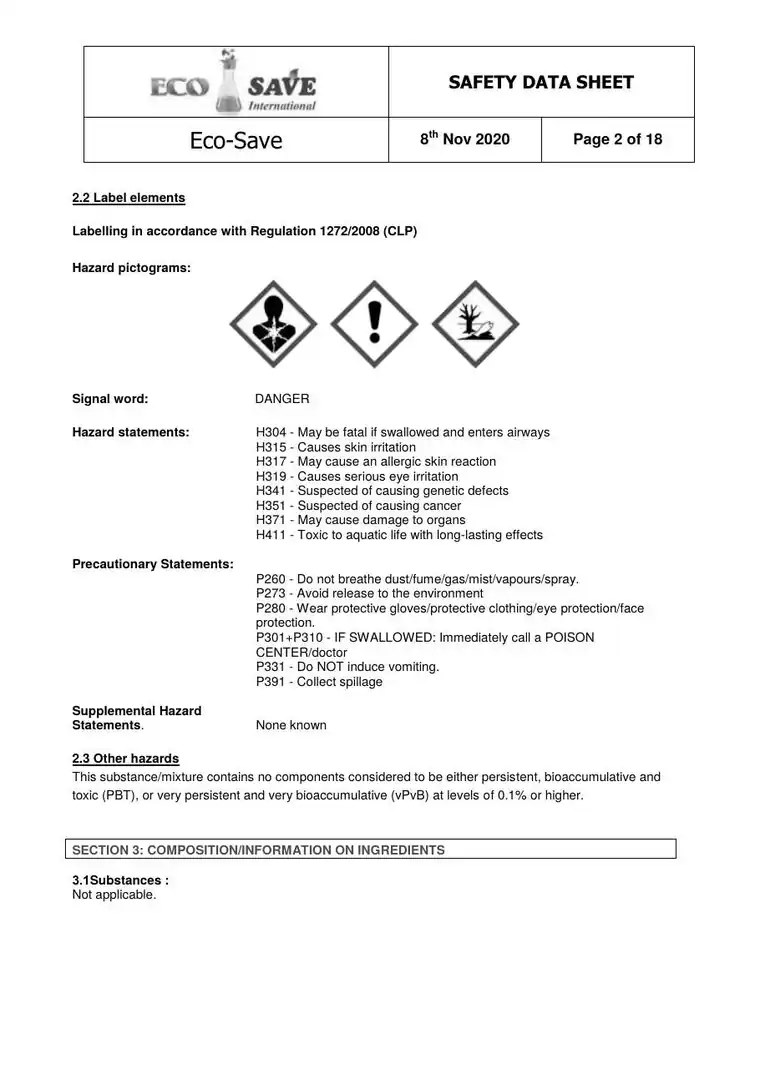 EU safety data sheet, page 2