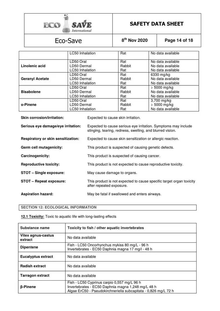 EU safety data sheet, page 14