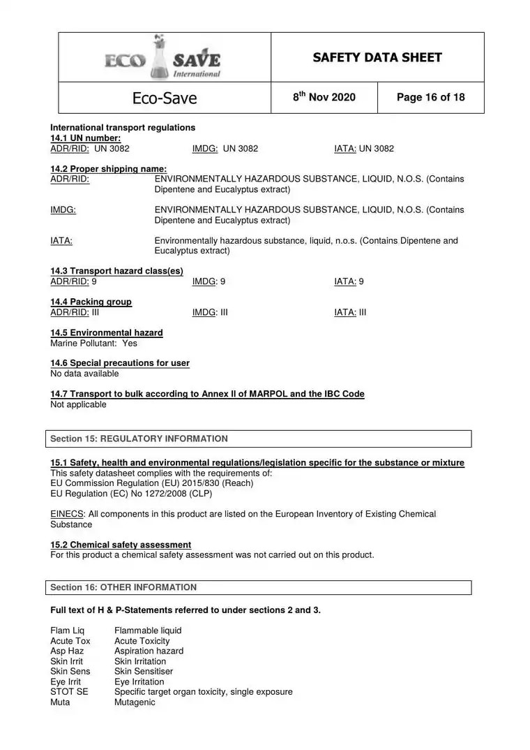 EU safety data sheet, page 16