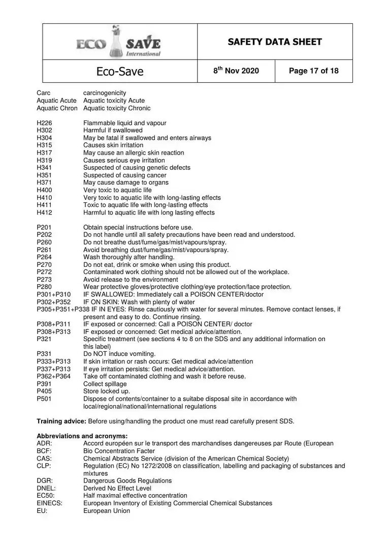 EU safety data sheet, page 17