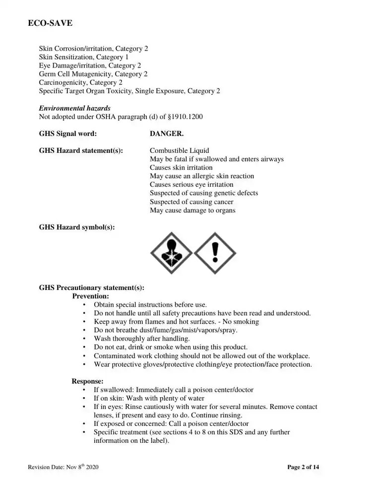 US safety data sheet, page 2