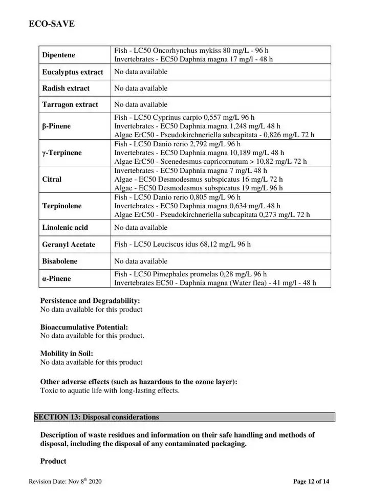 US safety data sheet, page 12