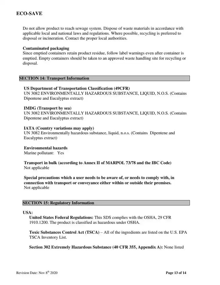 US safety data sheet, page 13
