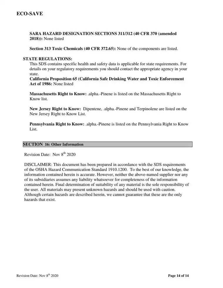 US safety data sheet, page 14